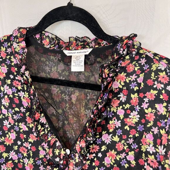 Vintage Richard Malcom 100% silk button down floral blouse Md whimsygoth boho - Picture 2 of 10